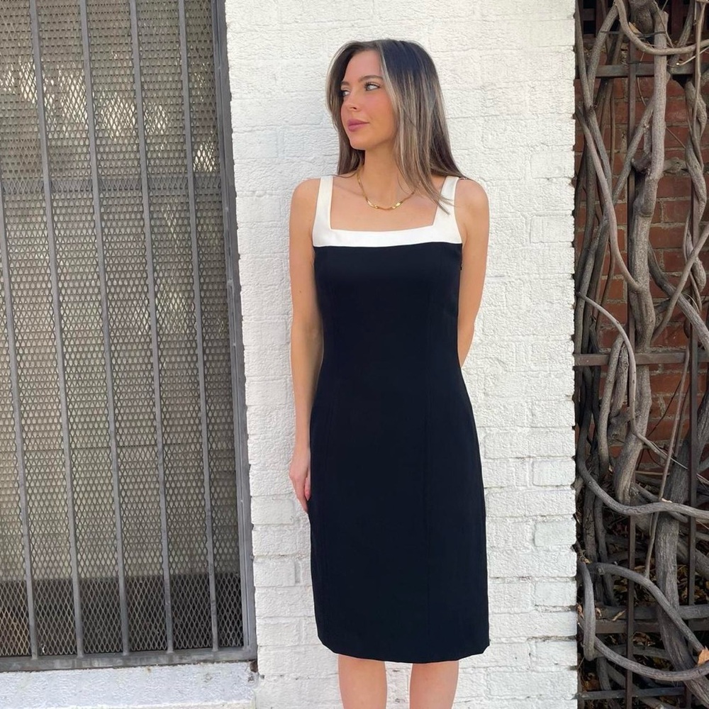 Vtg Ann Taylor black and white business midi dress with square neckline sz 4 - Picture 2 of 6